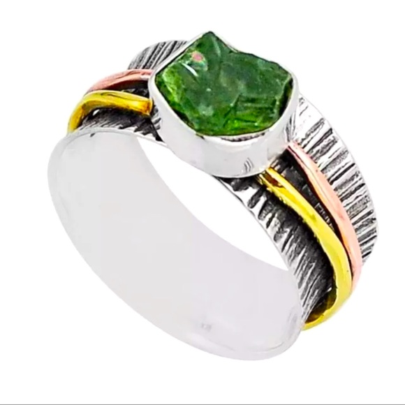Natural 4.38ct Victorian Moldavite Spinner Ring Rose Gold Yellow Gold Silver SS